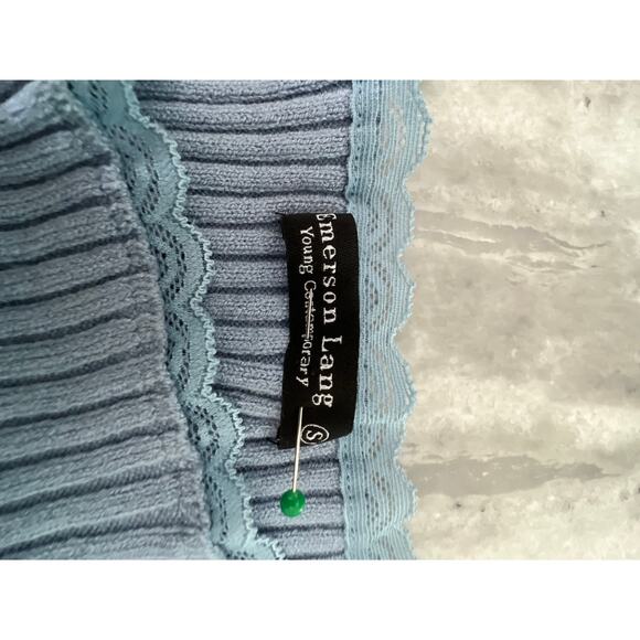 Emerson Lang- Blue Ribbed Knit Sweater Lace Neck Edge Size Small NWT - Picture 3 of 9